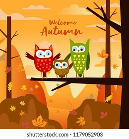 Happy Owl Family In The Forest Autumn Fall Season