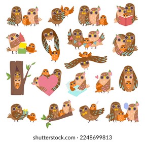 Happy Owl Family with Mother and Father Playing with Its Owlet Big Vector Set