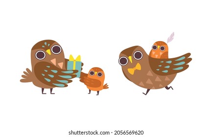 Happy Owl Family with Mother Giving Baby Gift Box and Father Playing with Its Owlet Vector Set