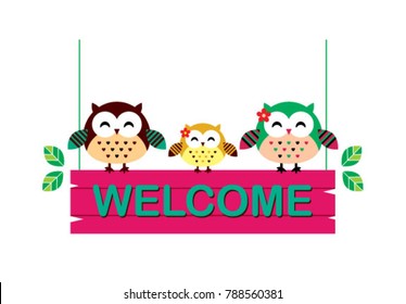 happy owl family welcome signage vector