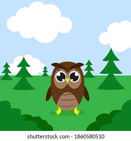 Happy owl in a forest. Vector cartoon illustration. Isolated. Cute character in the flat style.