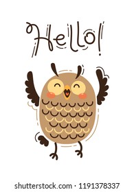 A happy owl greets you Hello. Vector illustration in cartoon style.