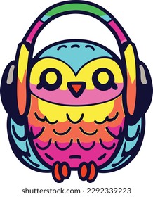 Happy Owl with headphones listening to music. Kawaii style.