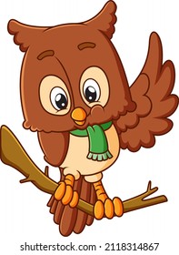 The happy owl is perching on the branch and waving the wing of illustration