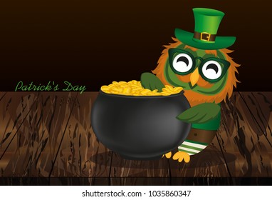 A happy owl with a pot of gold coins in a national costume and glasses for St. Patrick's Day. The wing climbed into the cauldron. Greeting card for the holiday with a blank. Invitation. Vector.