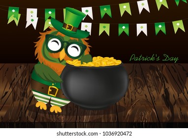 A happy owl with a pot of gold coins in a national costume and glasses for St. Patrick's Day. The wing climbed into the cauldron. Garland of flags. Greeting card for the holiday with a blank. Invitati