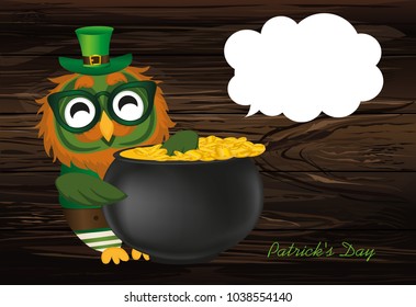 A happy owl with a pot of gold coins in a national costume and glasses for St. Patrick's Day. The wing reaching into the cauldron. Greeting card for the holiday with a blank space for text 