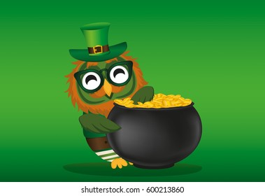 A happy owl with a pot of gold coins in a national costume and glasses for St. Patrick's Day. Greeting card for the holiday with a blank space for text or advertising. Invitation. Vector