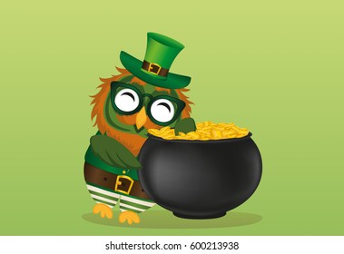 A happy owl with a pot of gold coins in a national costume and glasses for St. Patrick's Day. Greeting card for the holiday with a blank space for text or advertising. Invitation. Vector