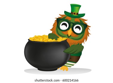 A happy owl with a pot of gold coins in a national costume and glasses for St. Patrick's Day. . Greeting card for the holiday with a blank space for text or advertising. Invitation. Vector