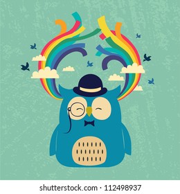 Happy owl with rainbow