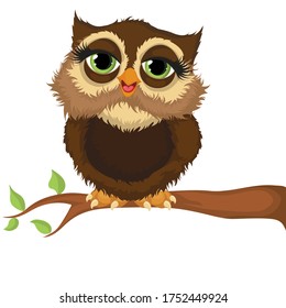 Happy owl  sitting on a branch. Wise owl character. Cartoon vector illustration isolated on white background.  