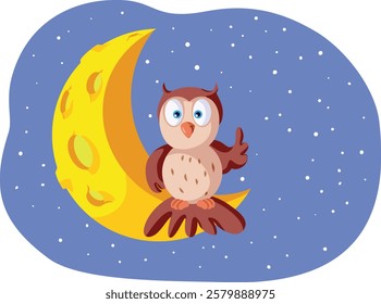 
Happy Owl Sitting on the Moon Vector Cartoon Character. Night creature being alert and productive during nighttime 