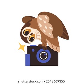 Happy owl takes photo by camera with flash. Funny talented owlet does photography. Amusing wise bird does creative photographs, snapshots. Flat isolated vector illustration on white background