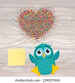 A happy owl throws a multicolored confetti in the shape of a heart. Greeting card for Valentine's Day.  Empty Yellow sheet of paper for notes. Sticker. Vector on wooden background. Love.