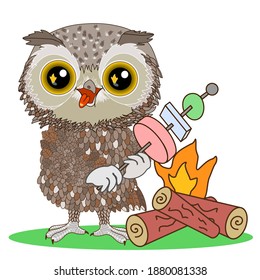 happy owl toasting marshmallows on a bonfire, happy emotion roasting some food on a stick, funny cartoon character with facial expression, hand drawn emoticon