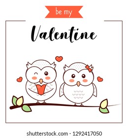 Happy owls sitting on a branch, owls in love, Valentine’s greeting, vector illustration