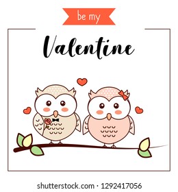 Happy owls sitting on a branch, owls in love, Valentine’s greeting, vector illustration