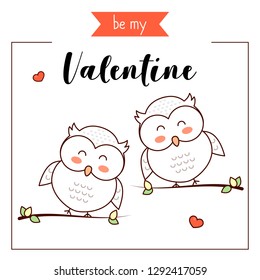 Happy owls sitting on a branch, owls in love, Valentine’s greeting, vector illustration