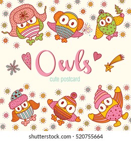 Happy owls. Vector postcard.