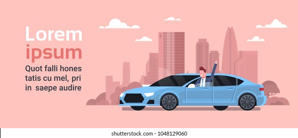 Happy Owner Driving New Car Over Silhouette City Background Vechicle Purchase Concept