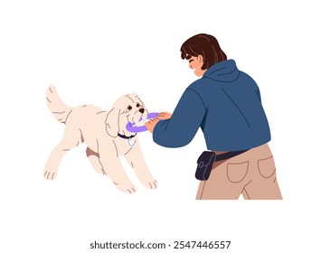 Happy owner has fun with cute dog. Pet sitter plays, pulls toy with puppy. Person training agility exercises, obedience commands with doggy. Flat isolated vector illustration on white background