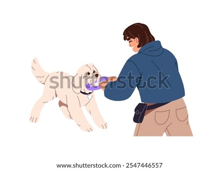 Happy owner has fun with cute dog. Pet sitter plays, pulls toy with puppy. Person training agility exercises, obedience commands with doggy. Flat isolated vector illustration on white background