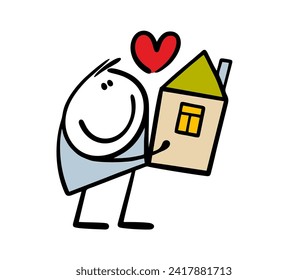 Happy owner hugs the small house. Cartoon boy holding toy with heart and love. Vector illustration of real estate and cozy home. Isolated  hand drawn character and doodle building on white background.