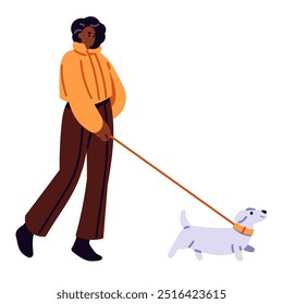 Feliz dono leva dachshund cão na coleira. Mulher de roupa exterior caminha cachorrinho fofo no inverno. Uma pessoa passeia com seu pequeno animal de estimação ao ar livre em tempo frio. Ilustração de vetor isolado plano sobre fundo branco