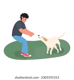 Happy owner and pet concept vector. Flat cartoon character with man playing with his dog, dog training. Animal and human illustration design for decoration, cover, website, poster.