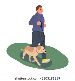 Happy owner and pet concept vector. Flat cartoon character with man walking with his dog, dog training. Animal and human illustration design for decoration, cover, website, poster.
