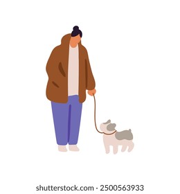 Happy owner strolls dog with leash. Woman in outerwear leads puppy. Person and doggy walk outdoors together. Girl cares about cute pet, animal. Flat isolated vector illustration on white background