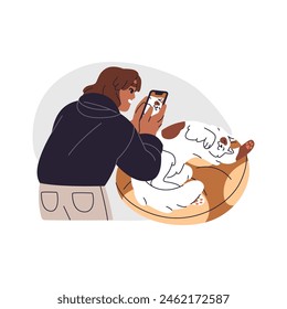 Happy owner takes photo of her spreading and sleeping on bed cat. Person with smartphone does photography of adorable asleep kitten. Cute furry pet napping. Flat isolated vector illustration on white