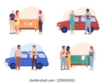 Happy owners 2D vector isolated illustrations set. Buying car flat character on cartoon background. Colorful editable scene for mobile, website, presentation collection. Bebas Neue font used