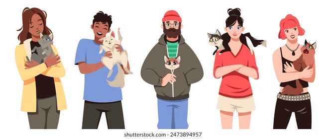 Happy owners with cats. Funny pets with people, guys and girls holding domestic animals in arms, different breeds and characters, veterinary cartoon flat style isolated tidy vector set
