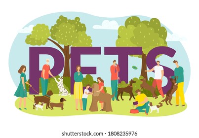 Happy owners with dogs, cute puppies domestic animals and lettering pets vector illustration isolated. Man and woman walking with dog outdoors at park, children with pet friend in summer time.