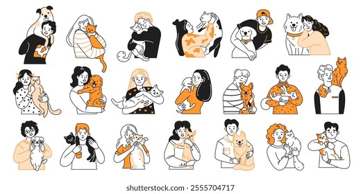 Happy owners embracing beloved pets color linear icons collection. People hugging cats and dogs expressing love and care on white background