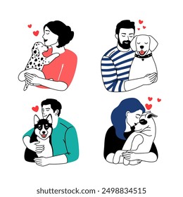 Dueños felices y conjunto de mascotas. Personas Amor y abrazo perros y gatos, colección de Vector aislado sobre fondo blanco Autores Trabajo