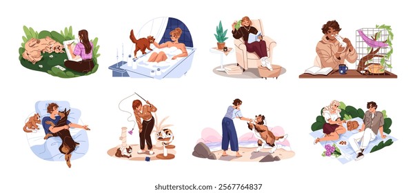 Happy owners spend time with their cute pets set. People and domestic animals play, have a rest together. Characters have fun with dogs, cats. Flat isolated vector illustrations on white background