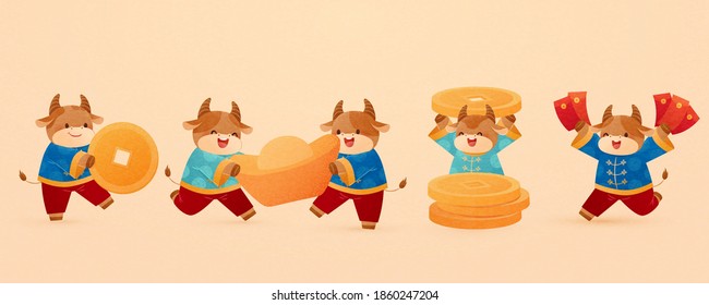 Happy ox element set isolated on beige background, concept of Chinese zodiac sign, suitable for the Chinese New Year decoration