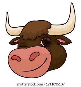 Happy ox head winking at you with friendly look and brown pelt in cartoon style, isolated over white background.