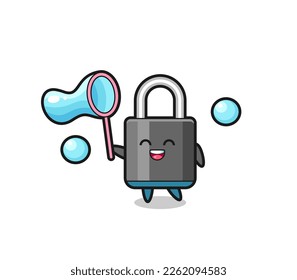 happy padlock cartoon playing soap bubble , cute style design for t shirt, sticker, logo element