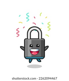 happy padlock mascot jumping for congratulation with colour confetti , cute style design for t shirt, sticker, logo element