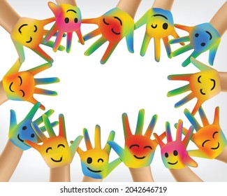 happy painted children's hand background with copy space
