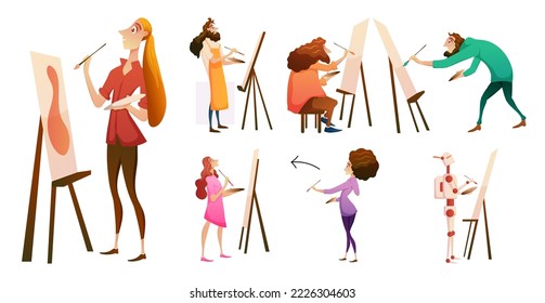 Happy painter artist with paint brush and canvas smiling and painting with colorful palette on canvas frame. Vector flat illustration