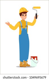 A happy painter with a paint roller and a paint bucket. Construction male worker character vector design. Animate personage. Fun cartoon person. Isolated on white background.