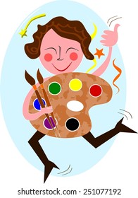 Happy painter with palette and pencils