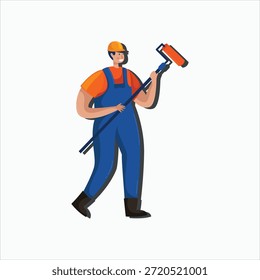 Pintor feliz com a ilustração da ferramenta do rolo, projeto do personagem do trabalhador da renovação