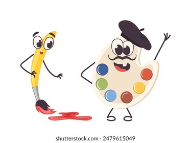 Happy paints palette and brush funny school item cartoon characters isolated on white background