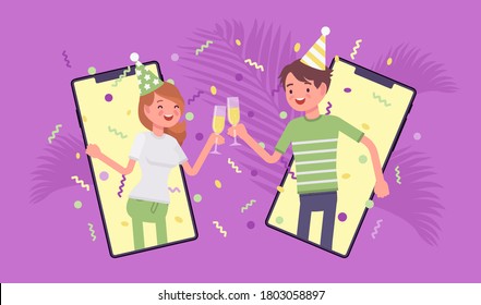 Feliz pareja organizando fiesta en línea, reuniéndose para celebrar por smartphone. Hombre, mujer usando la aplicación de telefonía móvil para conocer, salir, evento virtual de citas sobre aislamiento en casa. Ilustración de dibujos animados de estilo plano